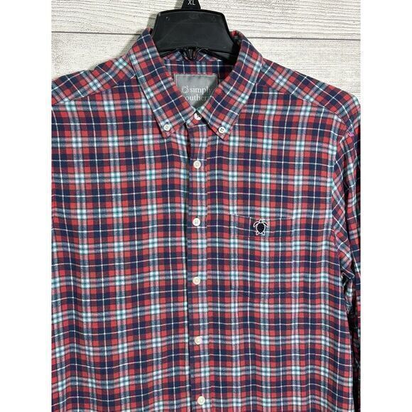 Simply Southern Button Down Flannel Size Large Red Blue Plaid Casual Mens Womans - Picture 1 of 7